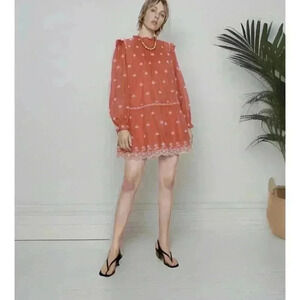 100% Authentic ZARA Orange Eyelet Flower Print Mini Dress $89.90 Size Medium